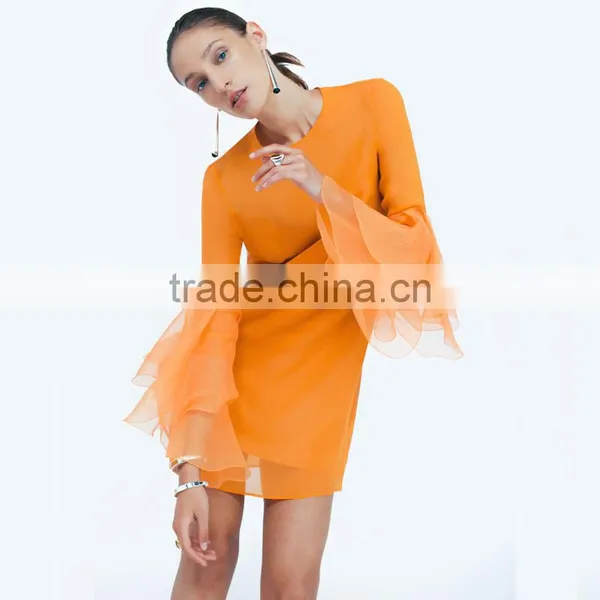 Flare Sleeve Fashionable Shift Dress for Women 2017 Orange Short Dresses photo-6