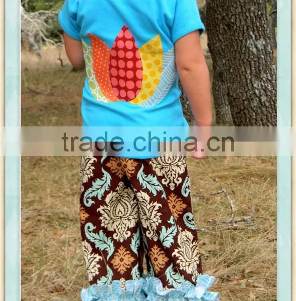 Turkey Tail Set Double Ruffle Pants and Turkey Top Long or Short Slvd Applique Blue Shirt & Floral Ruffle Pant Set 2016 photo-2