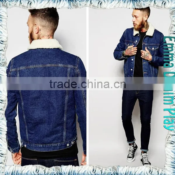 Collar Lapel Light Wash Blue Denim Men's Fleece Lining Jackets photo-3