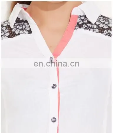 Adult Women's Fashion Lace Work at Shoulder Collar Neck Front Button Style High Quality Semi Sexy Sheer Sleeve Tops Lady Blouse photo-4