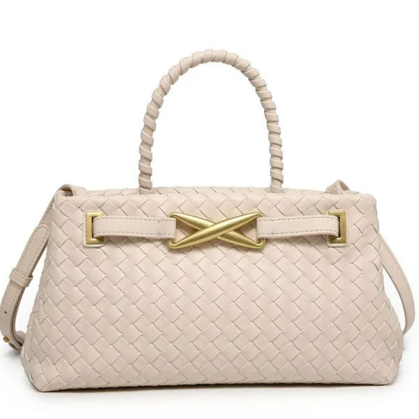 Fashion Minimalist Woven Shoulder Bag Solid Color Gold Belt Buckle Large Capacity PU Magnetic Snap Adjustable Strap for Commute photo-4