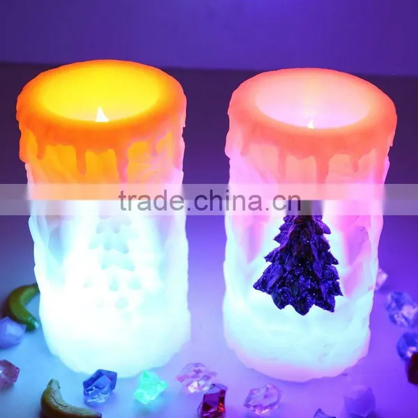 Ice Carving Round Pillar LED Candle With Christmas Tree