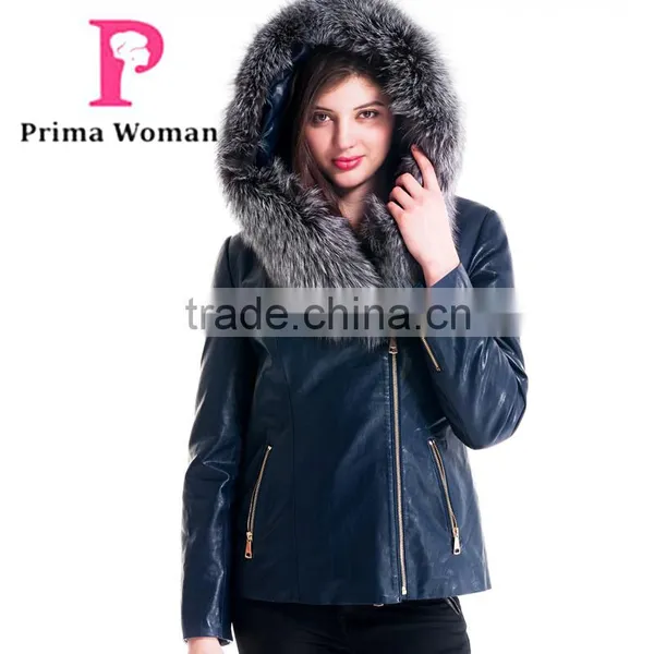 2015 New Design Women Leather Winter Jacket With Short Silver Fox Hat Overcoat photo-5