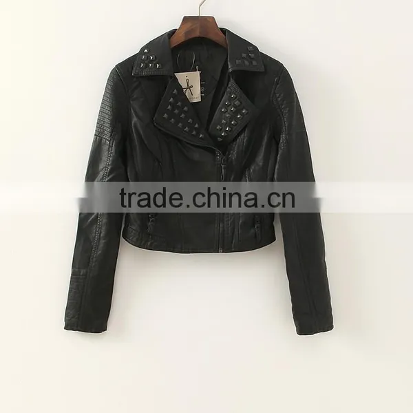 2014 Ladies pu Leather Jacket Rivet in Collar