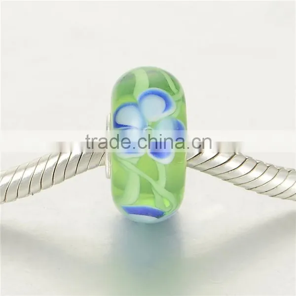 Handmade Fresh Green Color Blue Flower Murano Glass Beads Silver Charms Fit Bracelet photo-4