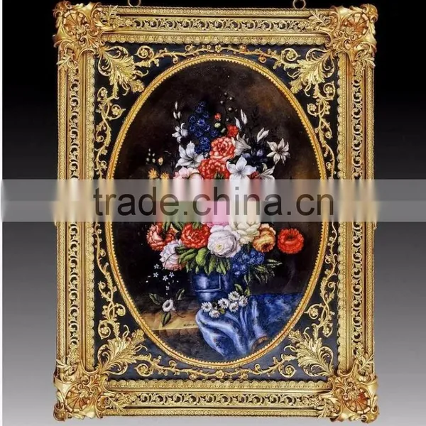 Antique Copper Frame Hand Painted Ceramic Floral Wall Hanging Mural photo-4
