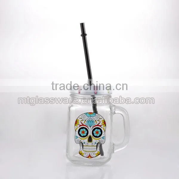 16oz Halloween White Smile Skull Decal Glass Mason Jar Drinking Water Glass Cup photo-6