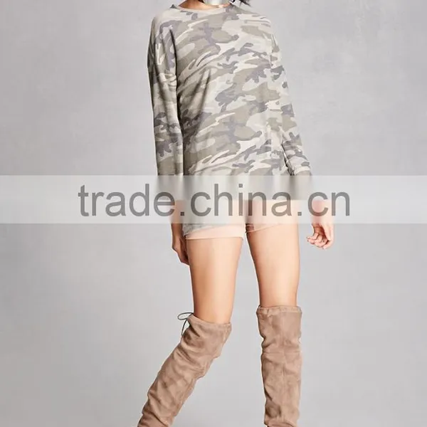 100 Polyester Sweatshirt Women Round Neck Long Sleeve Camo Longline Sweater Without Hood photo-5