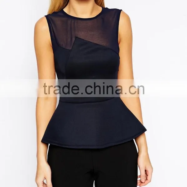 New Design Crew Neckline Peplum Top With Mixed Fabric photo-4