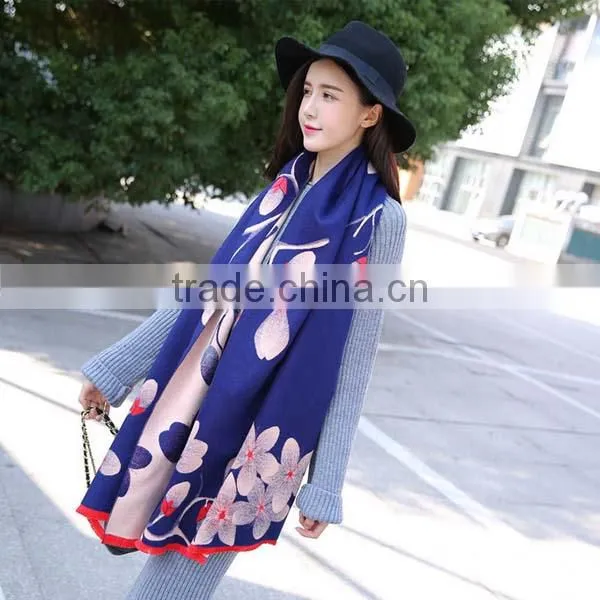 Hot Sale 2017 New Style Young Ladies Scarf Beautiful Pink Lotus Printed Blue Bottom Color Women Mufflers photo-4