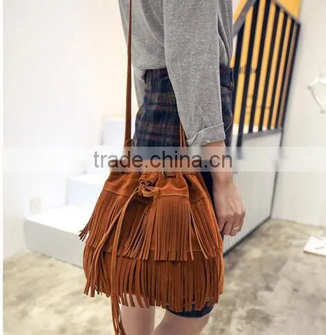 Small Bucket Women Tote Bag 2016 High Quality Tassels Genuine Leather Bag Women Messenger Bags Famous photo-5