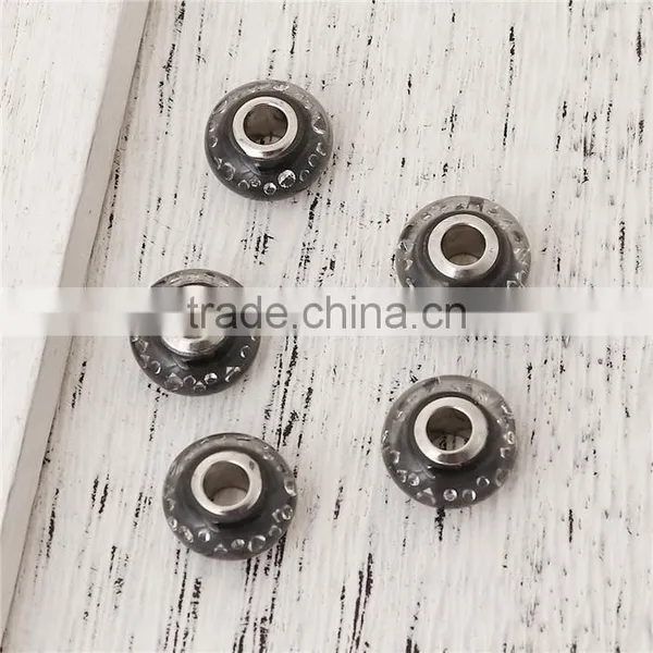 Lampwork Glass & Cubic Zirconia European Style Large Hole Charm Beads Round Black Clear W/ Stainless Steel Silver Tone Core photo-3