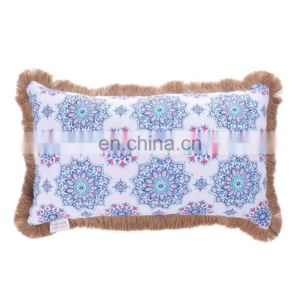 Factory Supply Waterproof Durable Blue Comfort Classics Flower Screen Printing Outdoor Pillows With Jute Fringes photo-2