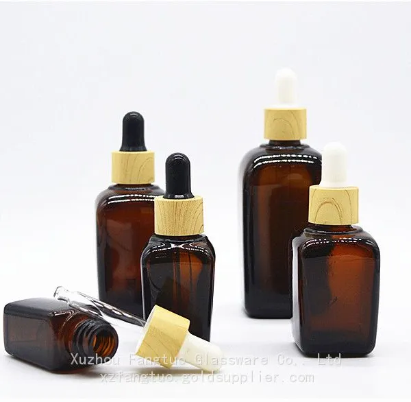 Bamboo Screw Collar Dropper Bottle Amber Glass Dropper Bottle Square Shape Empty Bottles for Skin Care Serum Essential Oil Packing