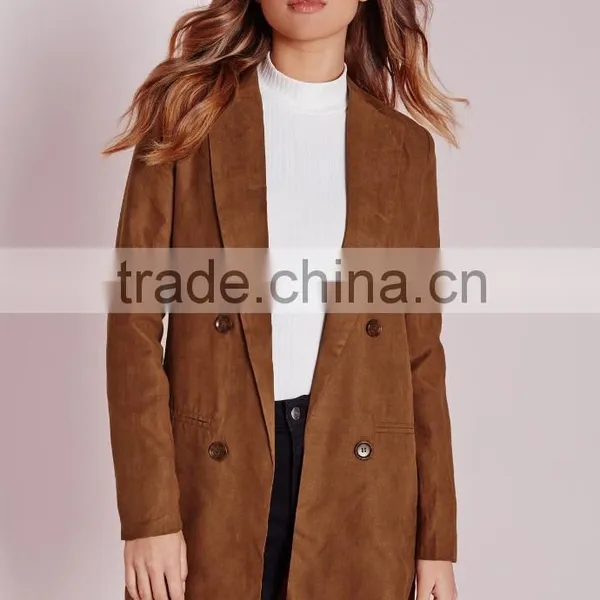 2015 Women Winter Long Faux Suede Double Breasted Blazer photo-2