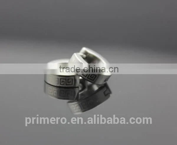 Classic 316L Stainless Steel Small Huggie Hoop Men Great Wall Pattern Silver Black Earrings photo-5