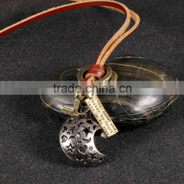 Antique Jewelry Catholic Religious Items Bronze Moon Necklace With Geneuine Leather Chain photo-4