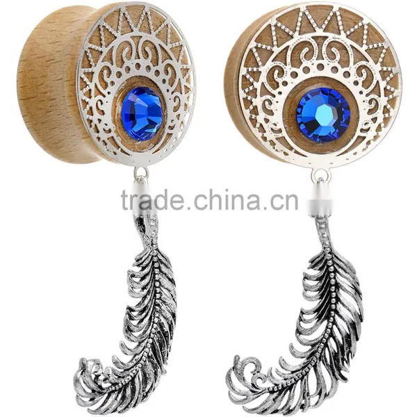 Handcrafted Wood Feather Plug Set Created With Crystals