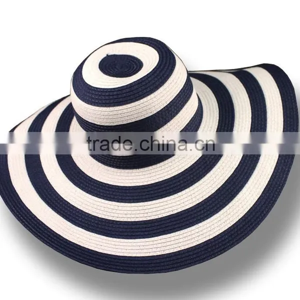 2016 New Fashion Summer Large Brim Beach Sun Womens Hats Ladies Black and White Stripes Floppy Straw Hat photo-5