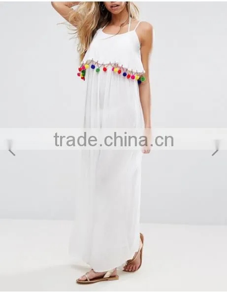 China Guangzhou Clothing OEM White Sleeveless Rainbow Pompons Women Beach Pompons Dress