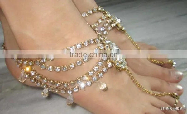 PAYAL Anklets Pair CRYSTAL GOLD , WITH TOE RING , BAREFOOT SANDAL photo-4