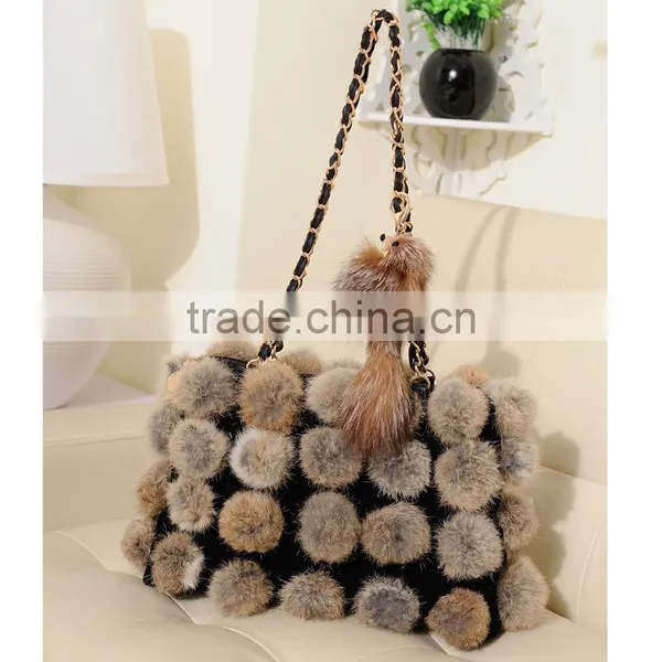 Korean Style Woman Rabbit Fur Ball Hand Bag Contrast Color Female Chian Bag photo-3