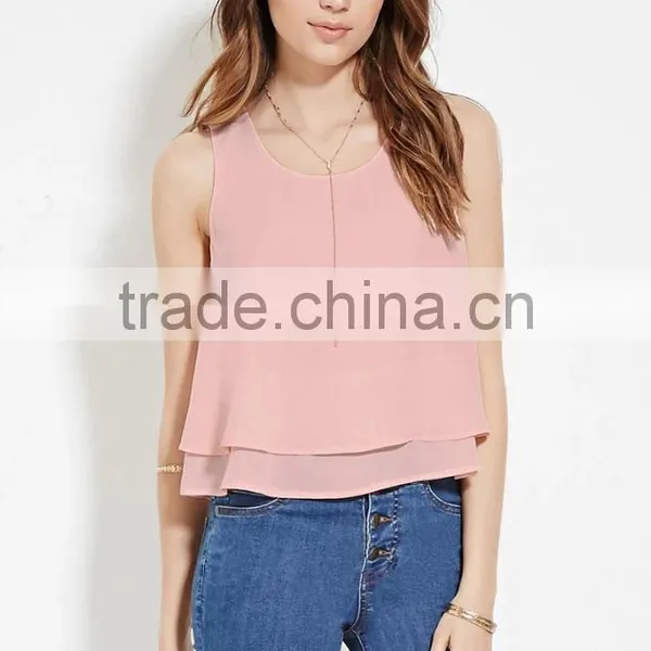 2016 Guangzhou Shandao Oem Service Summer New Design Casual Plain Dyed Sleeveless Double Layer Women Chiffon Tops photo-5