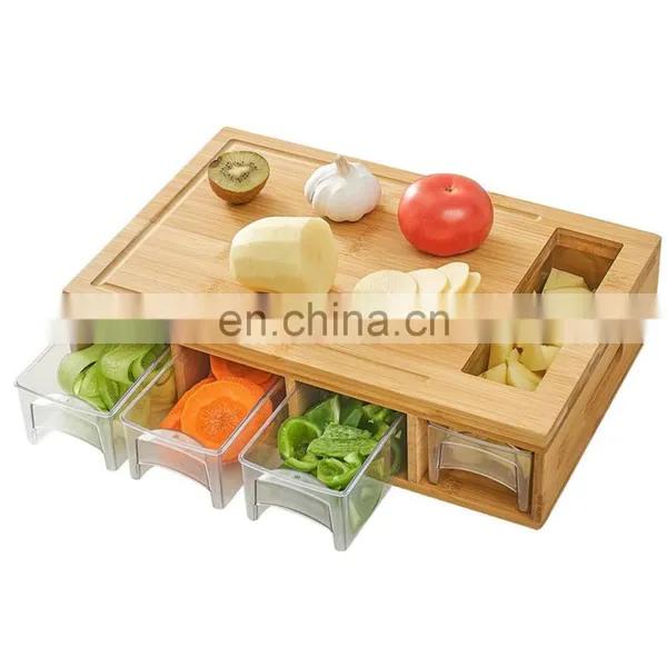 Multi-functional Fruit & Vegetable Tool Natural Juice Grooves Bamboo Cutting Board With Drawers And 4 Container Tray, photo-2