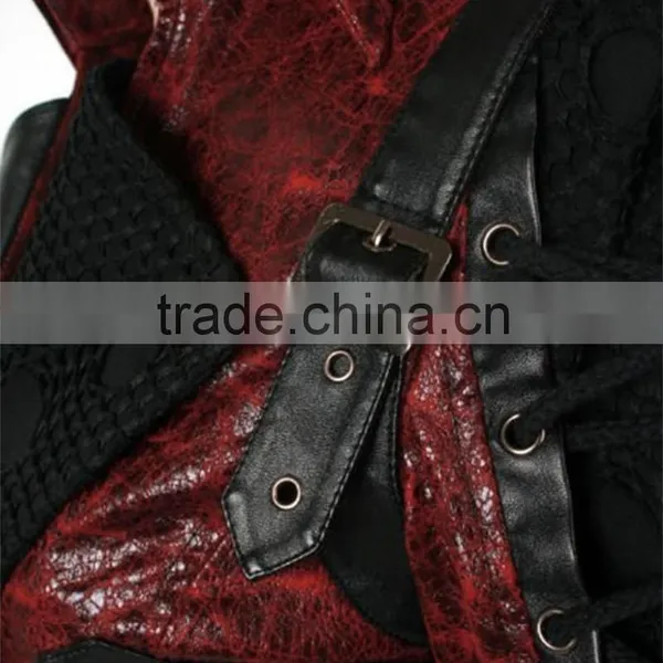 Mens Red Black Faux Leather Goth Steampunk Military Coat photo-4