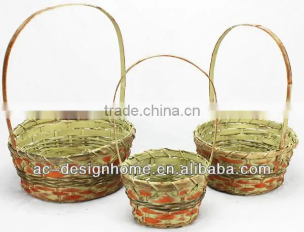 S/3 ORANGE WASH ROUND BAMBOO CHIP BASKET W/HANDLE