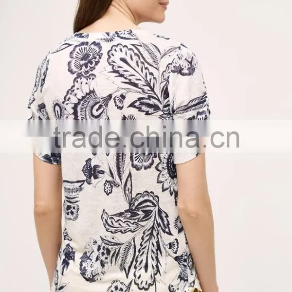 OEM Lady New Pattern Floral Print Linen t Shirt Customized photo-2