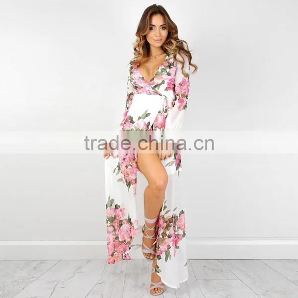 Blouson Long Sleeve Pink White Floral Printed Plus Size Wrap Maxi Long Dress photo-5