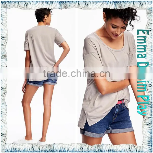 New Stylish Unique Design Front Pocket Girl's Grey Cotton Boat Neck Tee Shirts photo-3