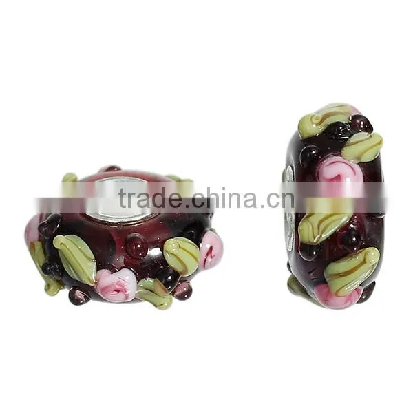 Custom Round Silver Tone Core Flower Leaves Purple European Style Large Hole Lampwork Glass Beads photo-3
