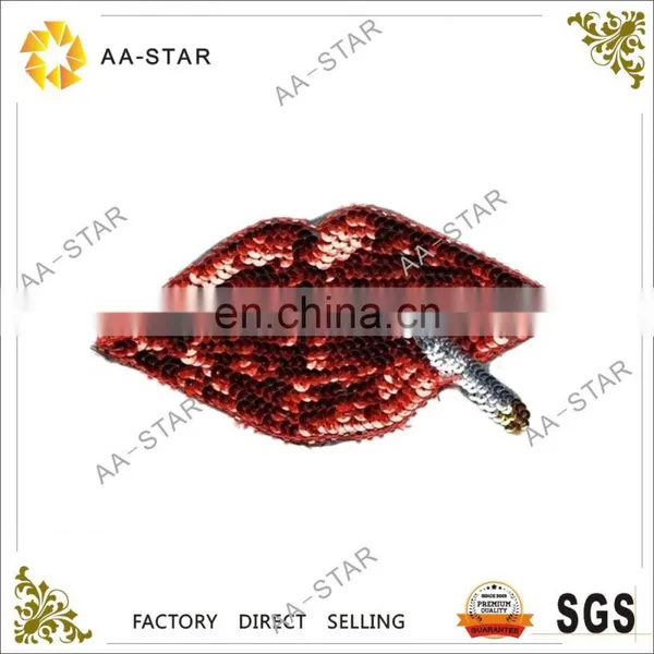 Red lips custom sequin patch with cigarette