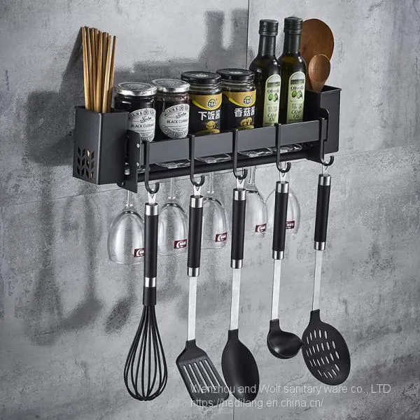 Multifunctional Kitchen Shelf Wall Hanging Aluminum Seasoning Material Storage Shelf Black photo-2