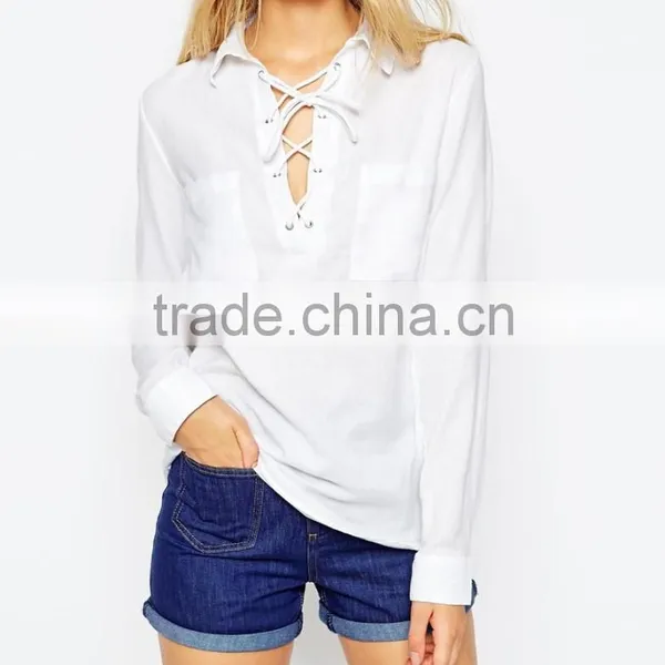 China Factory OEM ODM 2015 New Fashion Customized Point Collar Soft Shirt With Lace Up Detail photo-3