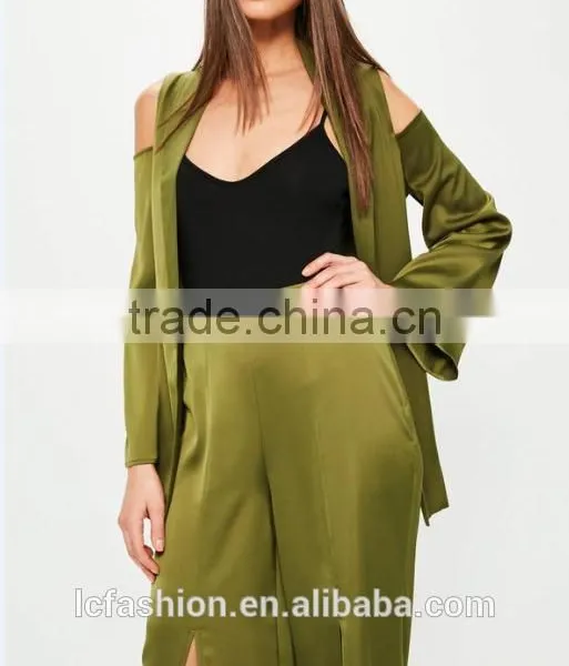 Picture of Office Ladies Cold Shoulder Tie Waist Satin Blazer Green Two Piece Sets for Office Ladies photo-6
