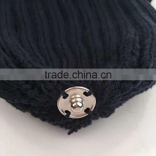 Myfur Adult Knitting Hat With Match Color Raccoon Fur Pom Poms in Navy photo-5