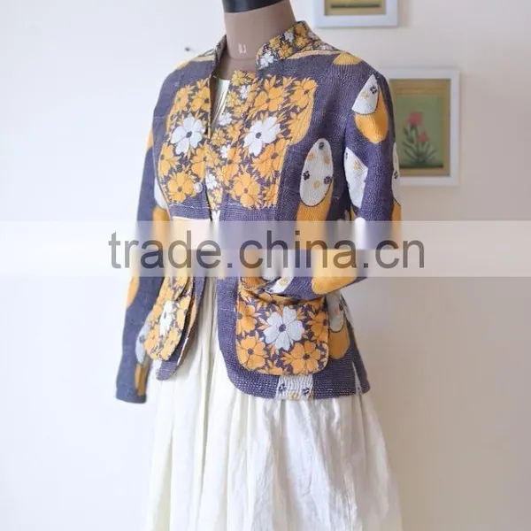 Denim Jacket in Kediyu Style With Vintage Kantha Fabric ~ Medium photo-3