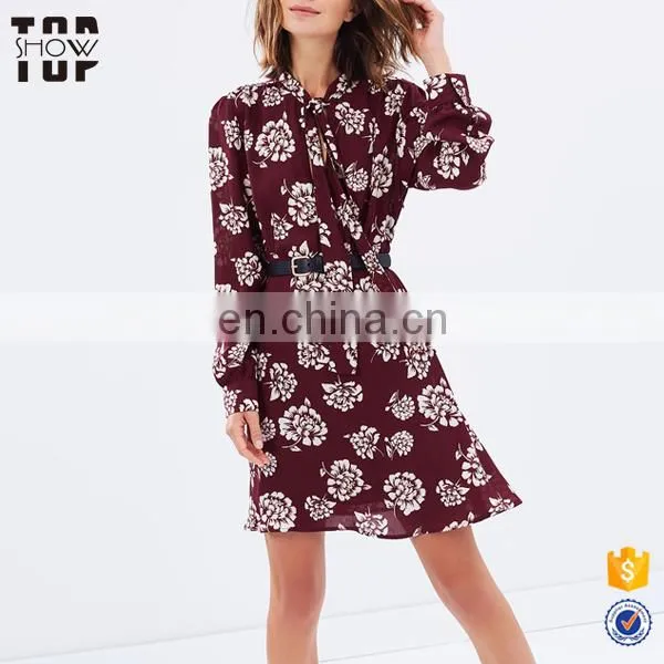 OEM Women Autumn Dresses v Neck Tie Long Sleeve Florals Print Burgundy Dress