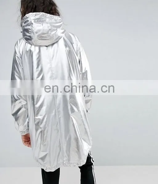 Wholesale Classic Outside Women Nylon Custom Plain Sliver Metallic Long Jacket photo-3