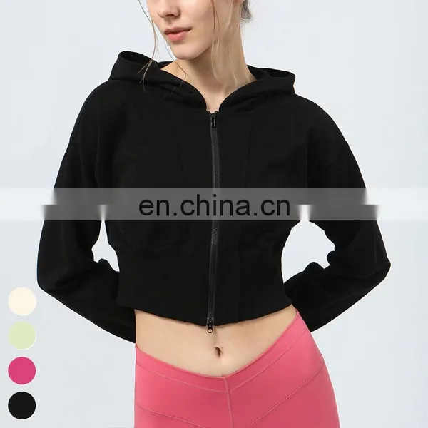 High Elastic Waist Running Sports Clothing Long Sleeve Double Head Zipper Short Gym Fitness Jackets Women Hooded Yoga Jacket photo-5