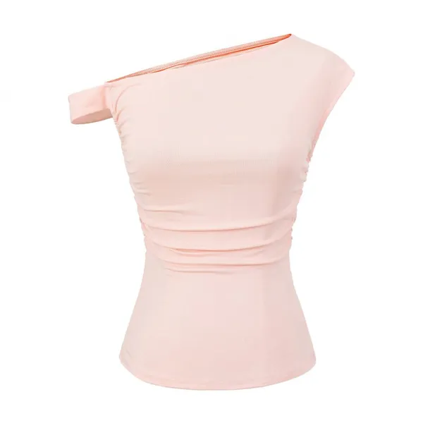 Sunset Women's Summer Vest 2025 Spring and Summer Design Sense Oblique Shoulder Fold Waist Irregular T-shirt Top Women photo-3