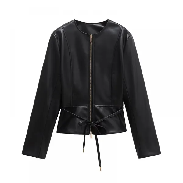 European and American Personalized Women's Clothing Spring New Style Short Skirt Hem Imitation Leather Jacket Jacket Versatile photo-4