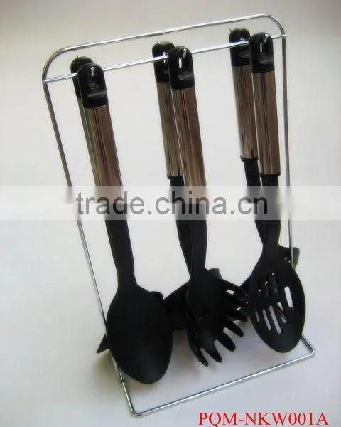 Passing SGS Senior 7-pieces Black Nylon Kitchen Utensil Set With Stainless Steel Hollow Handle and Metal Stand 001A photo-2