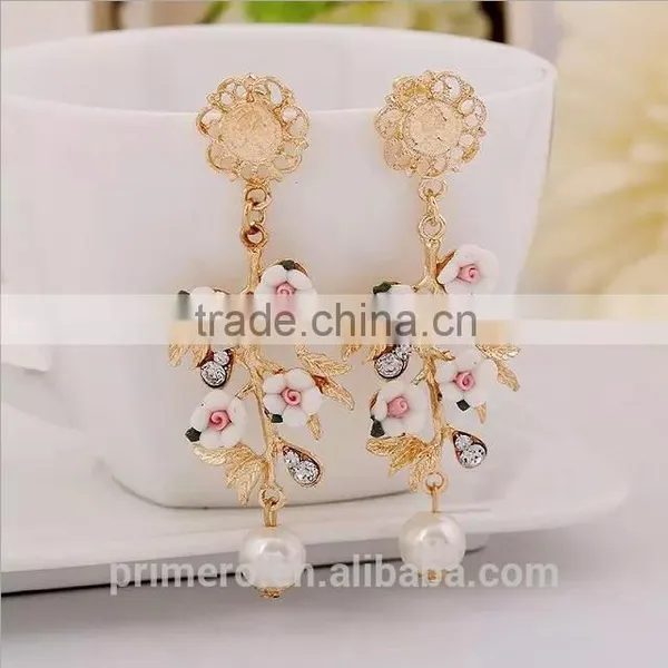 Cheap Flower Branch Rhinestone Pearl Drop Dangle Earrings Chinese Jewelry photo-3