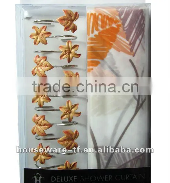 Leaf Pattern Design Peva Shower Curtain With 12 Resin Hooks