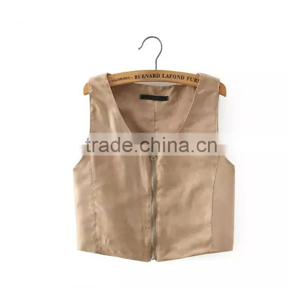 Trendy Retro Full Zip Faux Suede Sleeveless Bodycon Short Crop Vest Tank Jacket Top photo-2