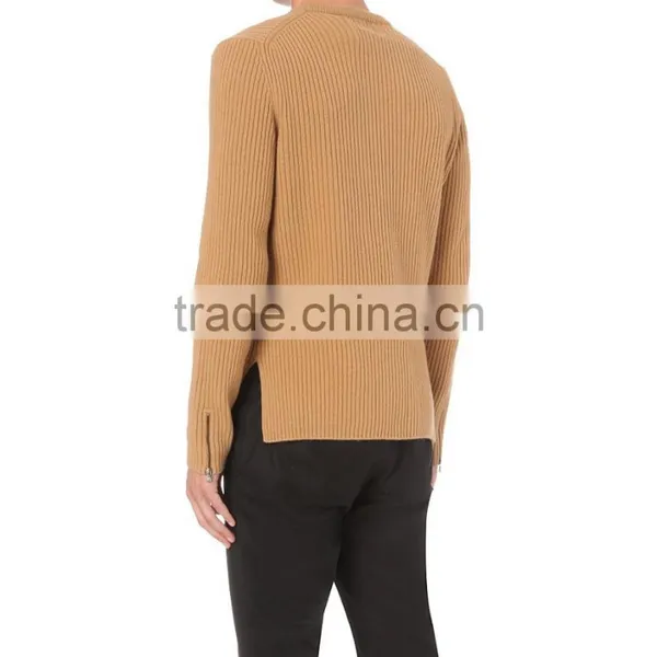 Crew Neck Yellow Color Knitted Jumper Korean Men Sweater With Biker-Inspired Zipper On Cuffs photo-3